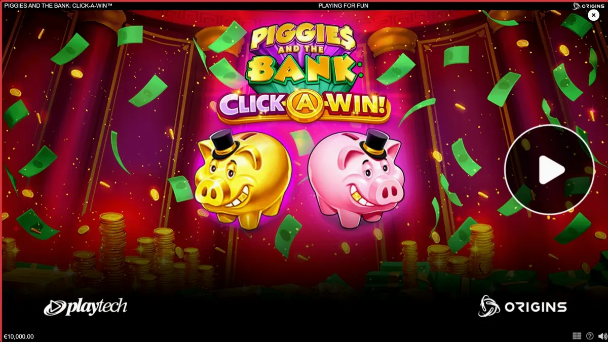Porquinho elegante de cartola em um cenário de luxo no jogo Piggies and the Bank: Click-A-Win