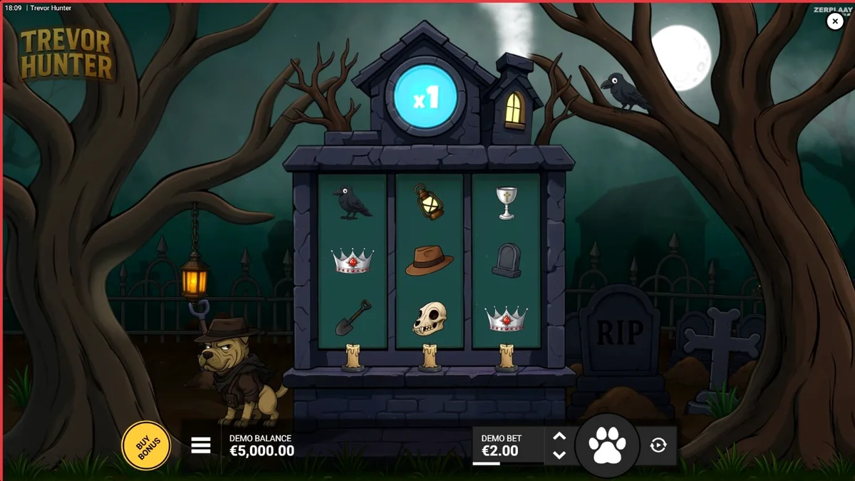 Trevor Hunter slot com tema de cemitério e um Shar Pei explorador