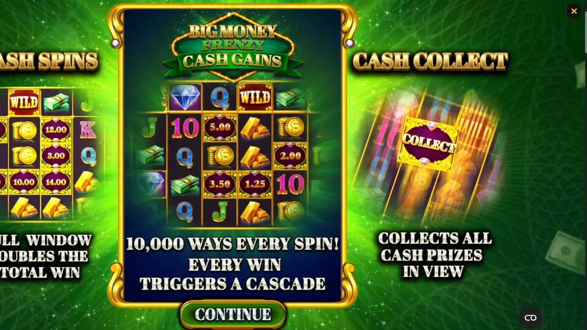 Interface do jogo Big Money Frenzy Cash Gains com tema de cofre e dinheiro